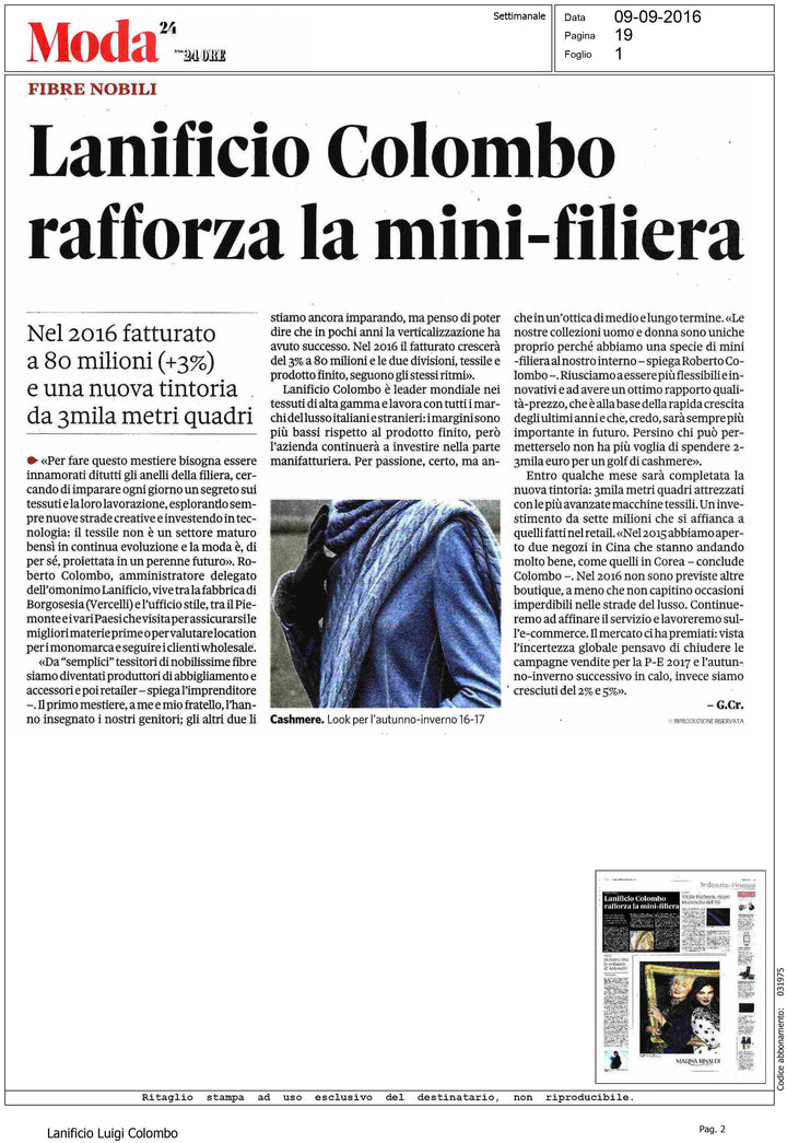 Il Sole 24 Ore - Lanificio Colombo rafforza la mini-filiera