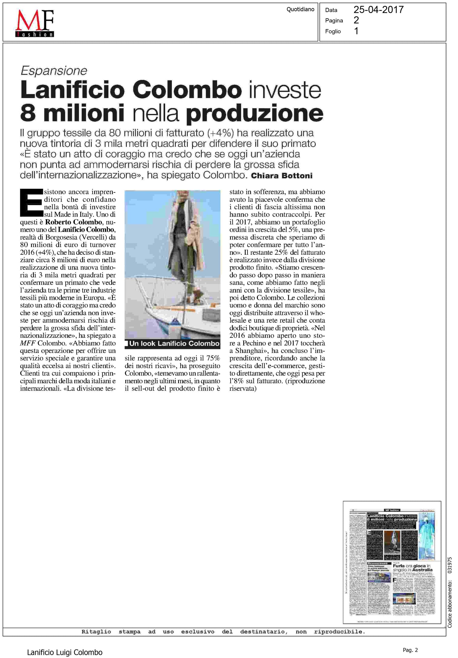 MF FASHION - Lanificio Colombo investe 8 milioni nella produzione