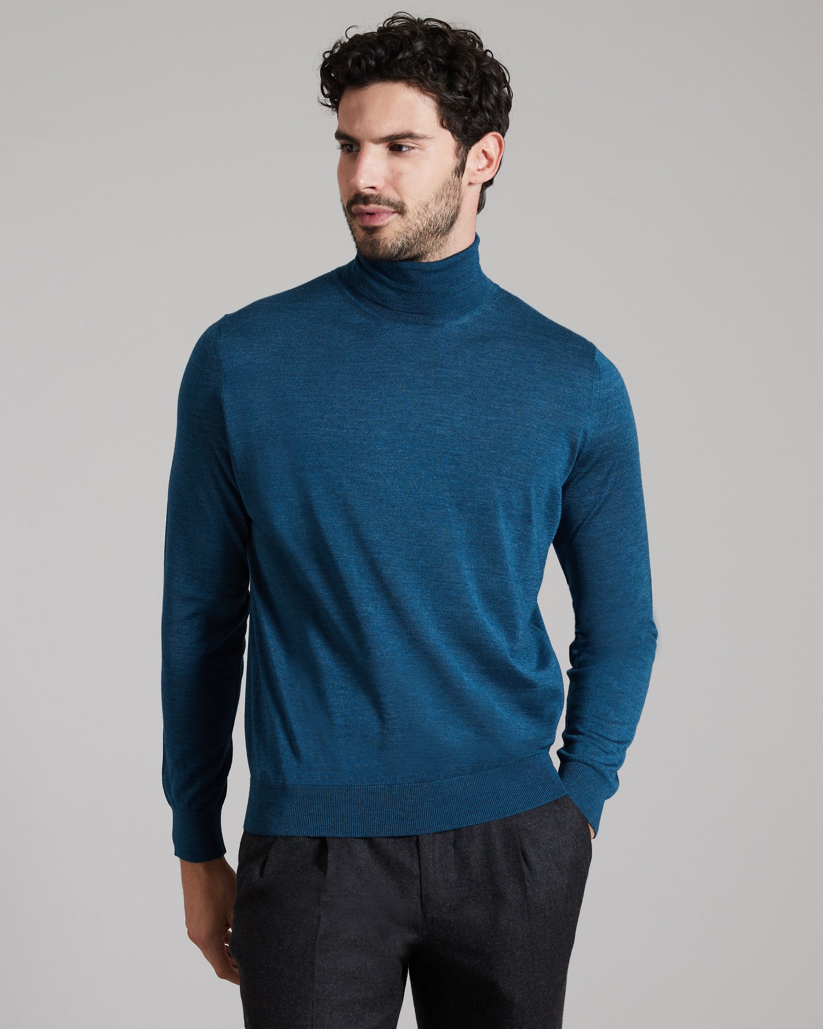 Cobalt blue cashmere and silk men's turtleneck sweater