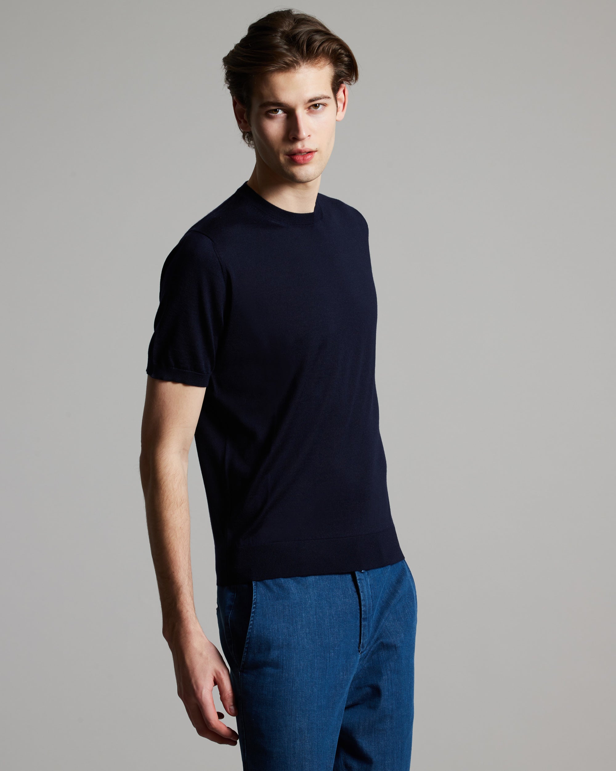 Dark Blue cashmere and silk men's T-SHIRT