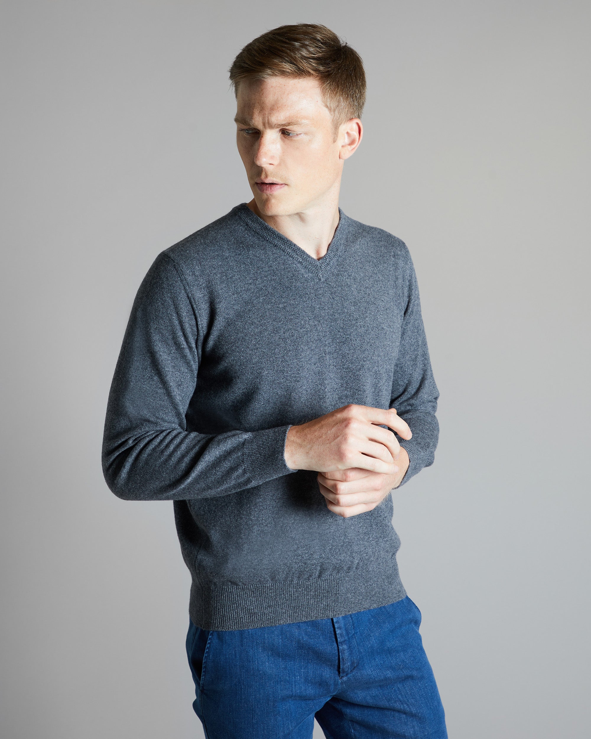 Dark grey kid cashmere V-neck sweater