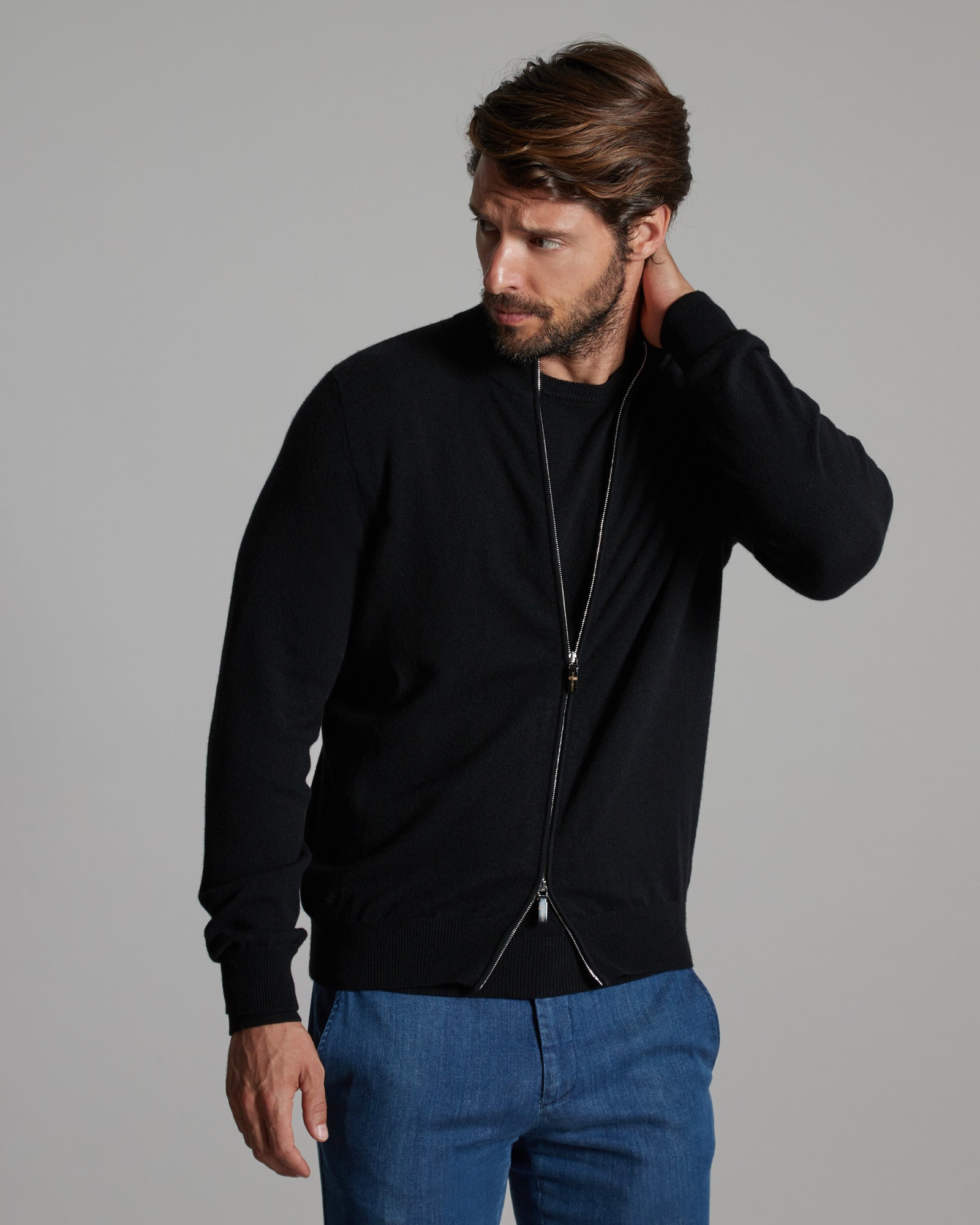 Zipped Black Kid cashmere cardigan