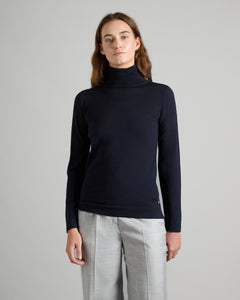 Maglia collo alto blu in cashmere e seta