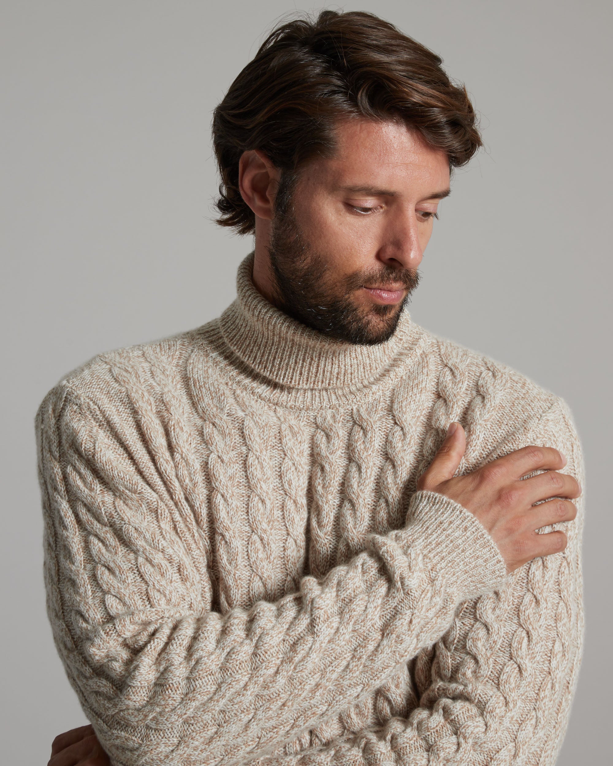 Maglione collo alto trecce mouliné in kid cashmere