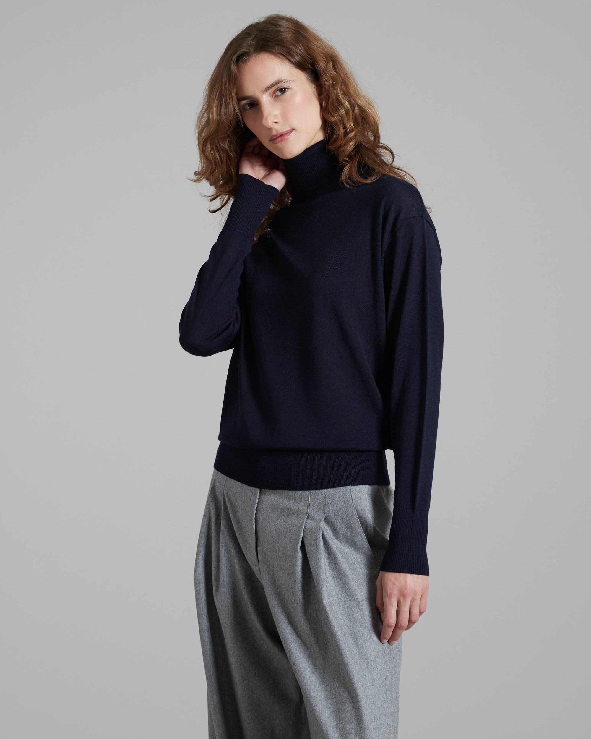 Blue cashmere and silk turtleneck sweater