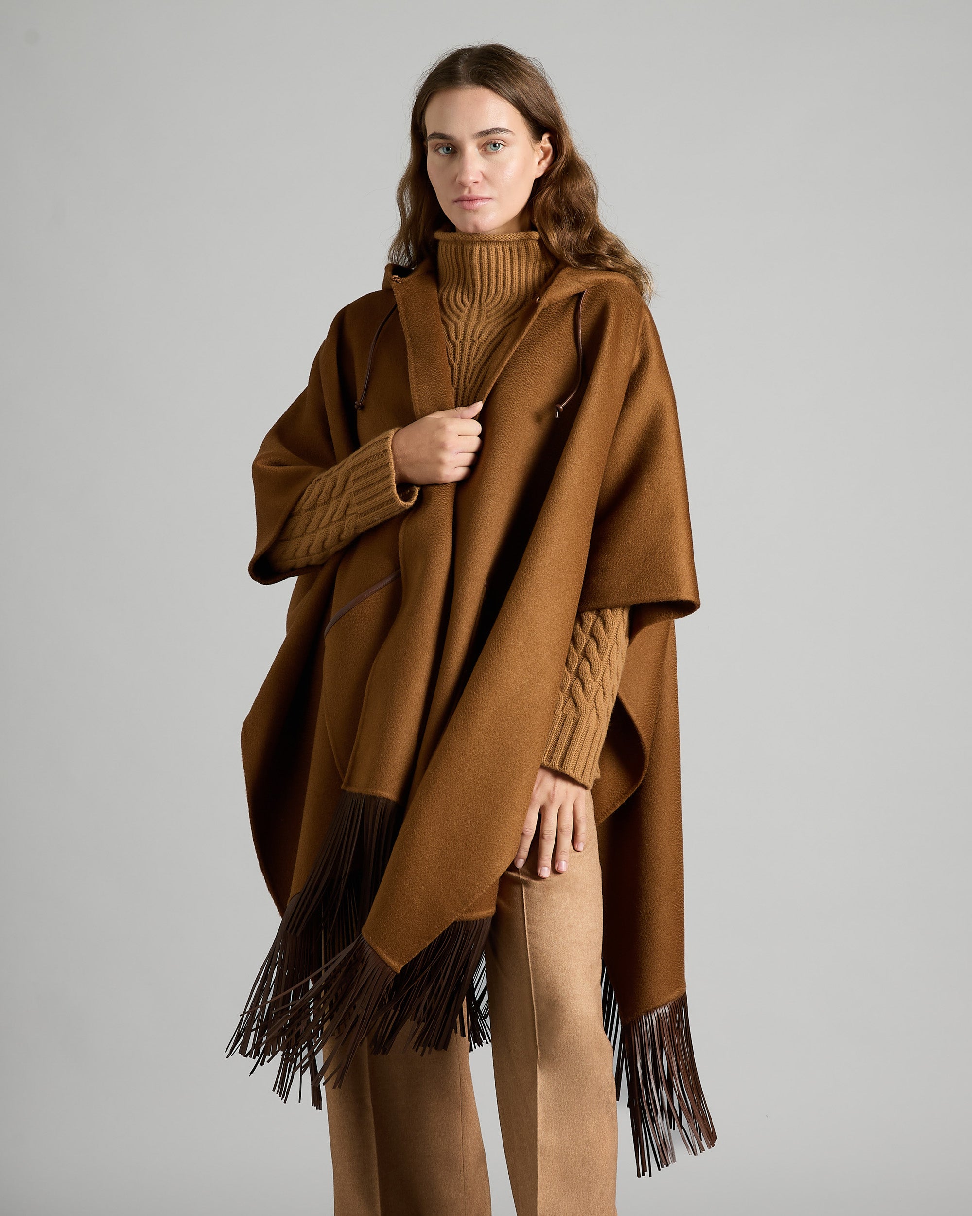 Brown Cashmere Cape with Fringes