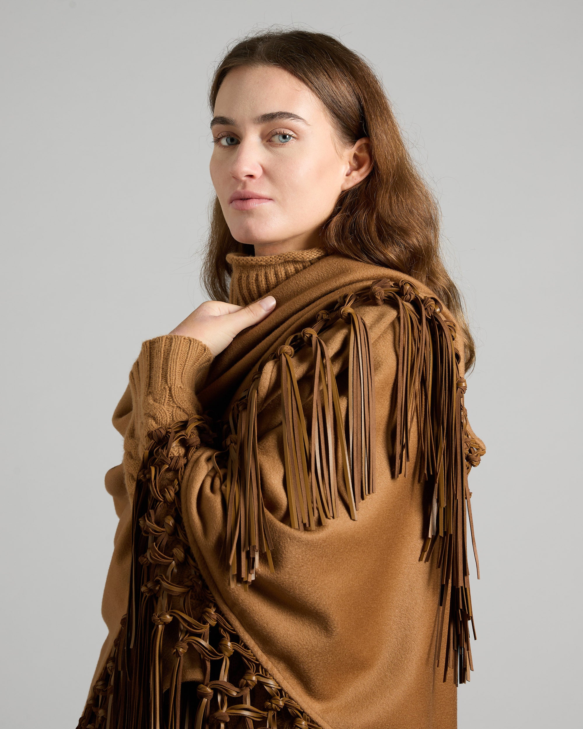 Brown Triangle Cashmere Shawl With Leather Fringes