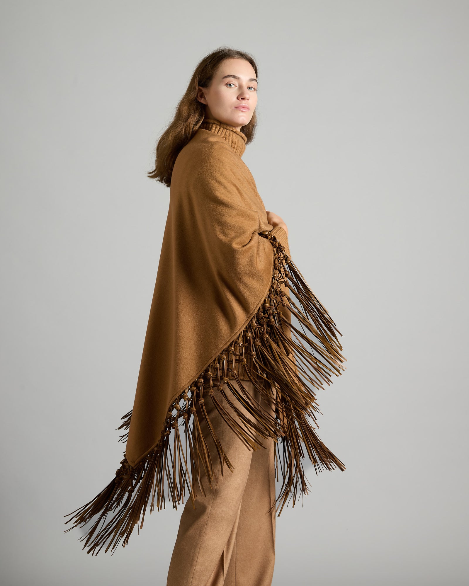 Brown Triangle Cashmere Shawl With Leather Fringes